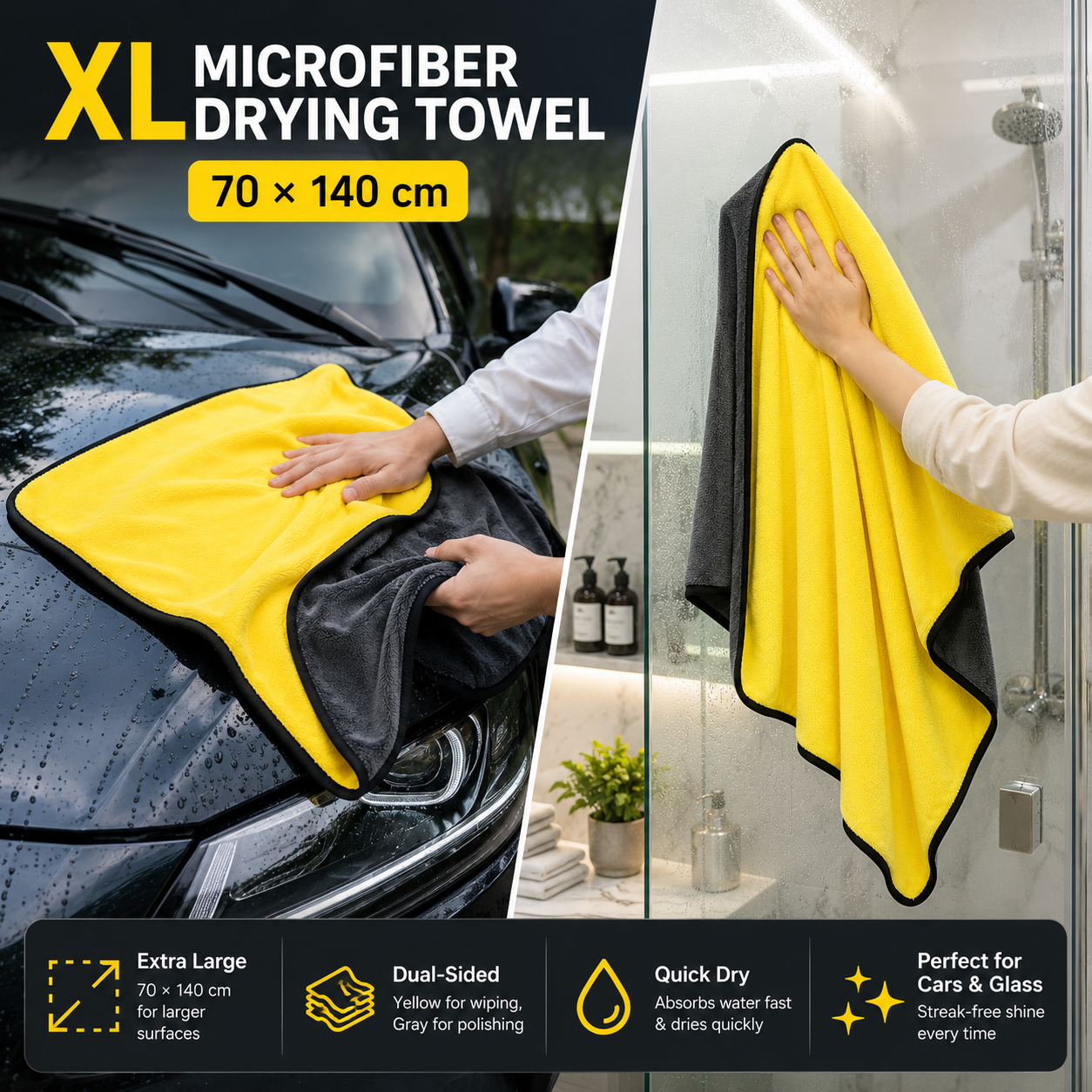 XL Mikrofaser-Trockentuch 70 × 140 cm – Premium Autopflege & Reinigungstuch