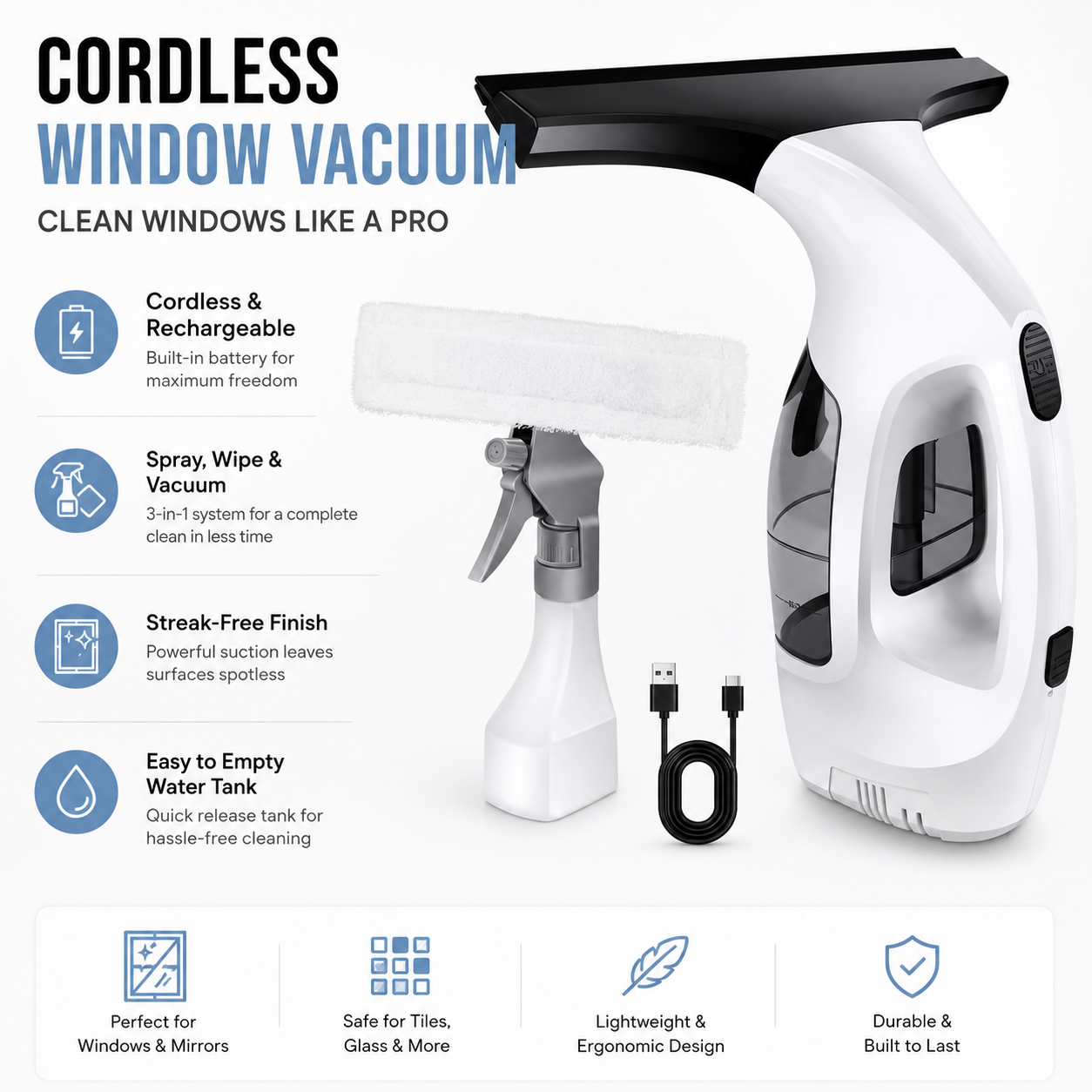 Scrubly 3-in-1 Fenstersauger – Kabelloser Fensterreiniger für streifenfreie Glasflächen